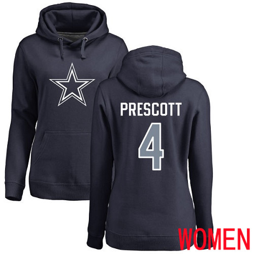 Women Dallas Cowboys Navy Blue Dak Prescott Name and Number Logo #4 Pullover NFL Hoodie Sweatshirts